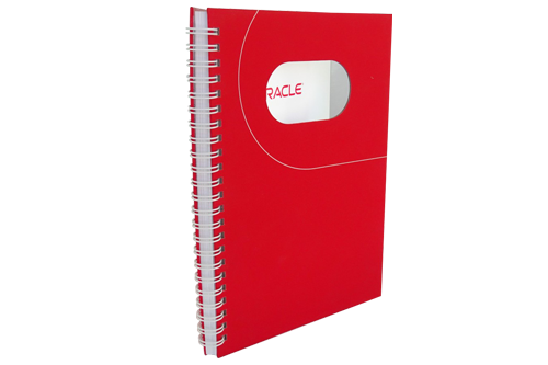 Red wire-O binding notebook with die-cut.