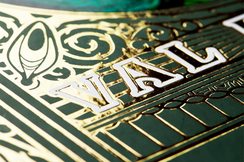 Beautiful gold hot foil stamping on a green hardcover book.